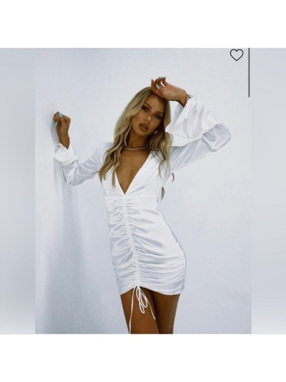 Princess Polly White Satin Ruched Mini Dress With Tie Sleeves & V-Neck Size US 4